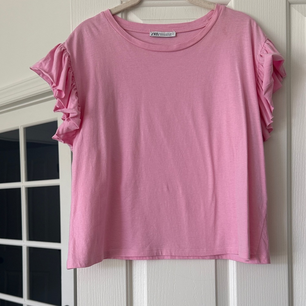 Zara Bright Pink Ruffle Sleeve Tee - Picture 2 of 4